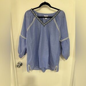 Intro. Blue Embroidered Peasant Bell Blouse Size L Boho Cotton 3/4 Sleeve Top